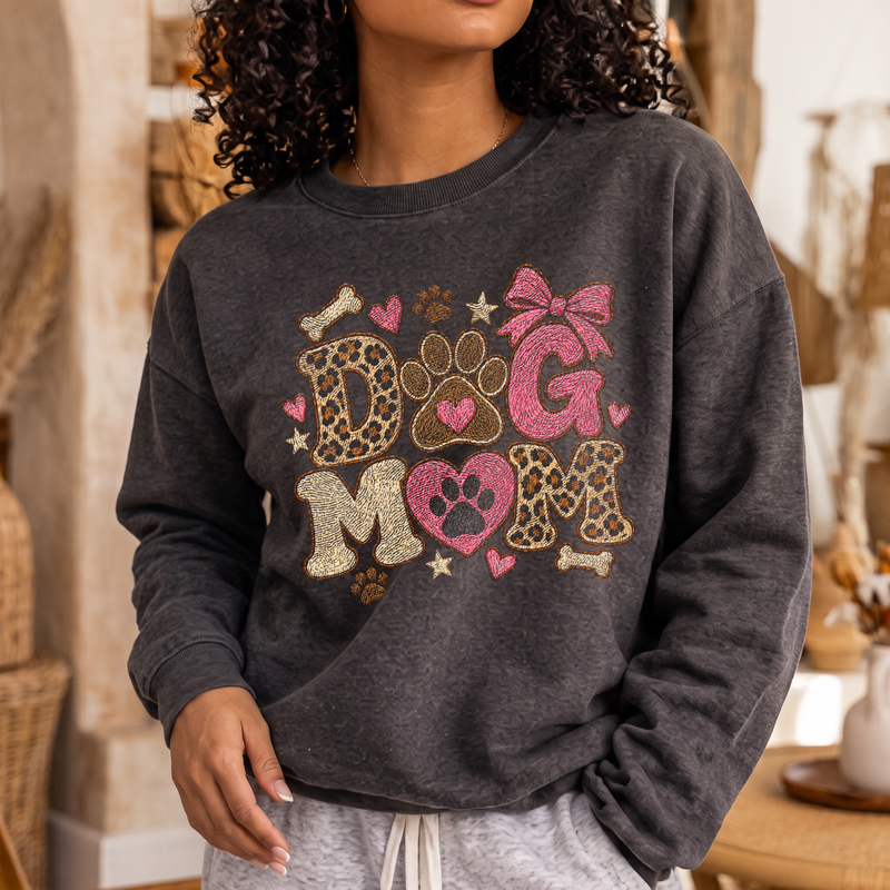 Dog Mom Embroidered Patch Faux Embroidery & Leopard Bow - DTF Transfer