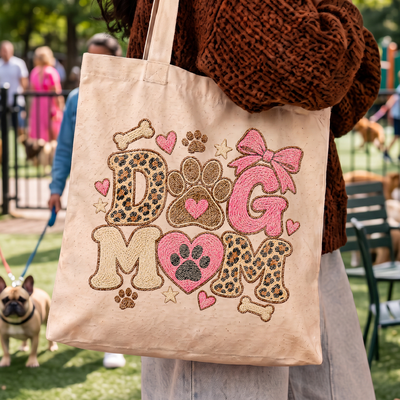 Dog Mom Embroidered Patch Faux Embroidery & Leopard Bow - DTF Transfer