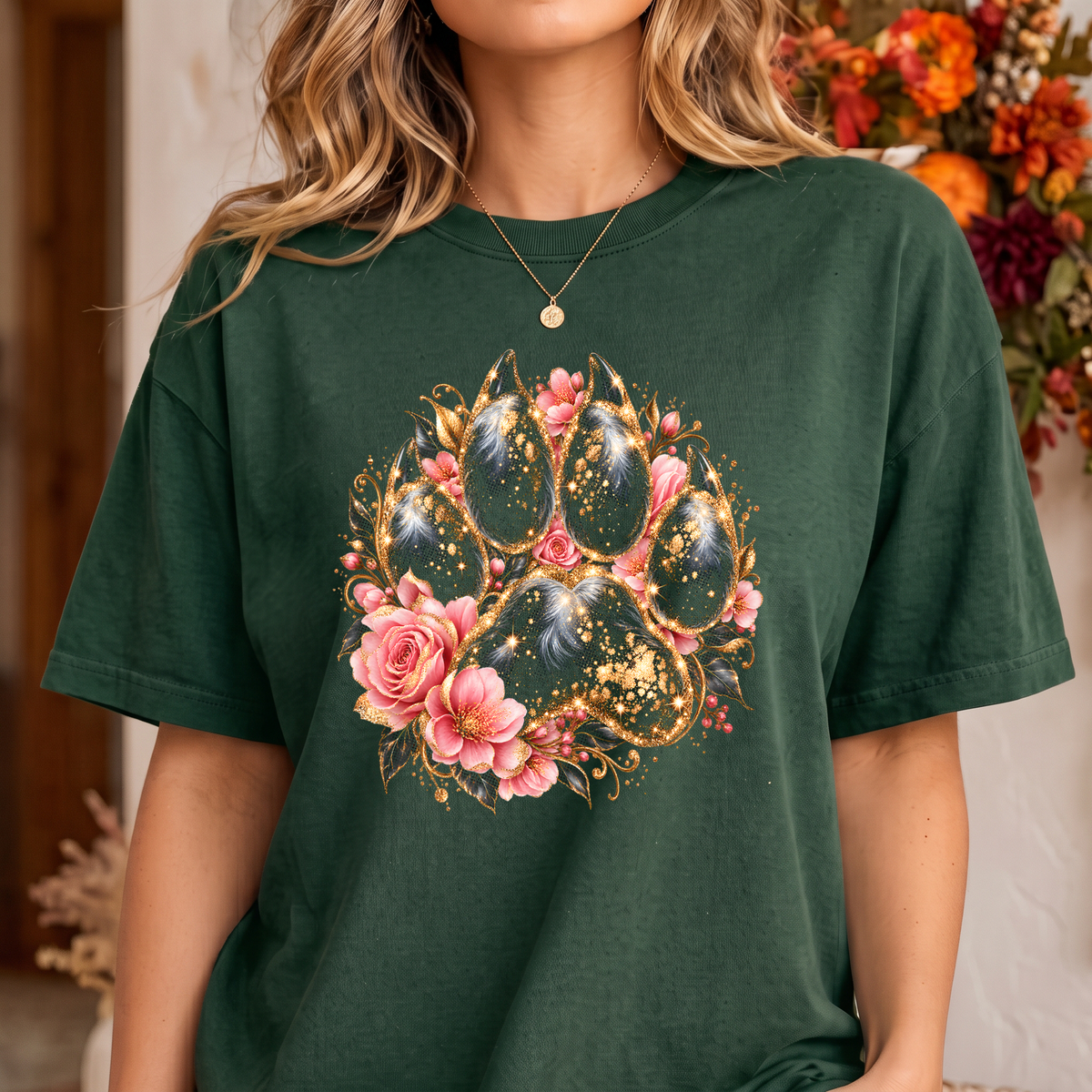 Sparkling Gold & Pink Floral Paw Glamorous Botanical - DTF Transfer