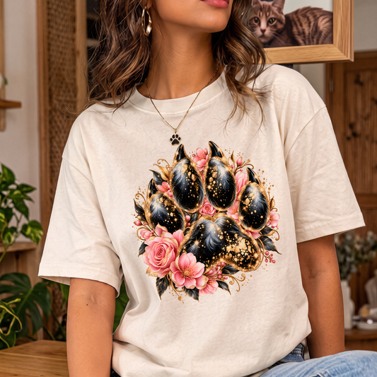 Sparkling Gold & Pink Floral Paw Glamorous Botanical - DTF Transfer