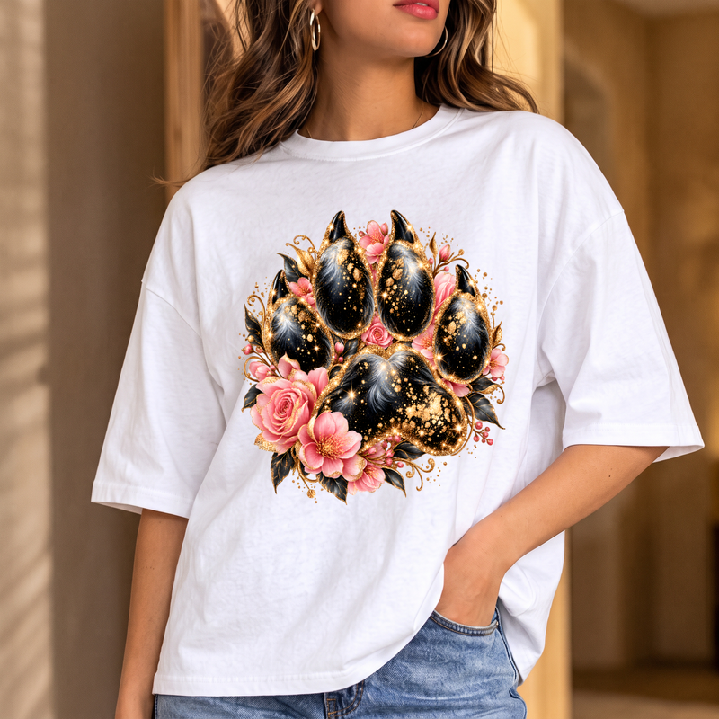 Sparkling Gold & Pink Floral Paw Glamorous Botanical - DTF Transfer