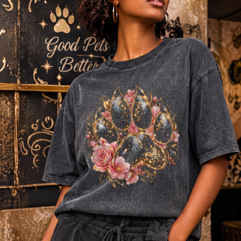 Sparkling Gold & Pink Floral Paw Glamorous Botanical - DTF Transfer