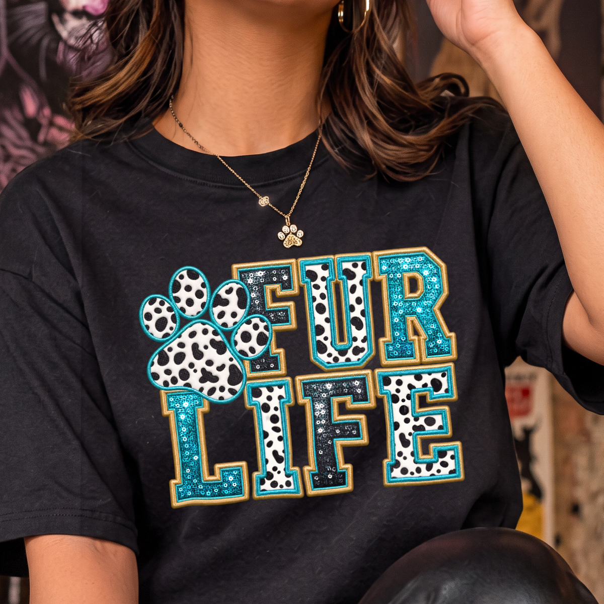 Fur Life Faux Sequin & Dalmatian Patch Varsity - DTF Transfer