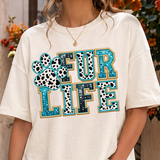 Fur Life Faux Sequin & Dalmatian Patch Varsity - DTF Transfer