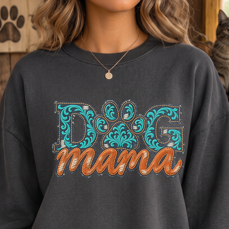Western Distressed Denim & Turquoise Dog Mama Faux Tooled Leather - DTF Transfer