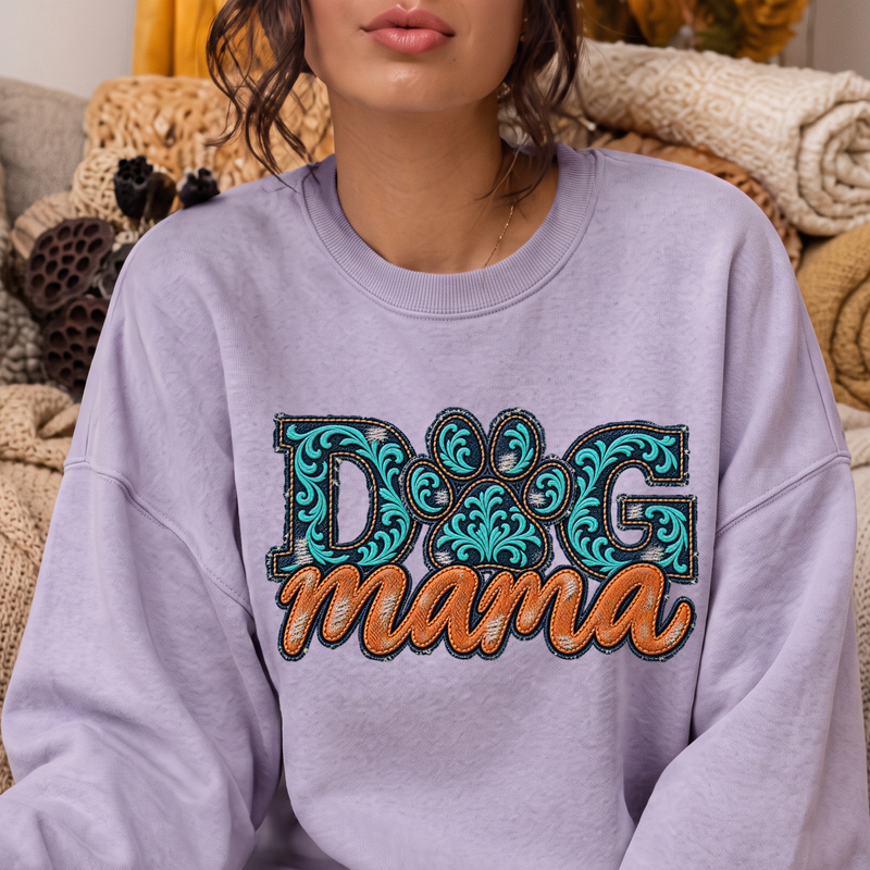 Western Distressed Denim & Turquoise Dog Mama Faux Tooled Leather - DTF Transfer