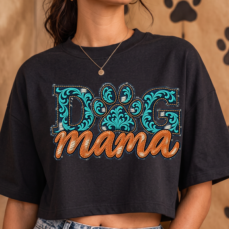 Western Distressed Denim & Turquoise Dog Mama Faux Tooled Leather - DTF Transfer