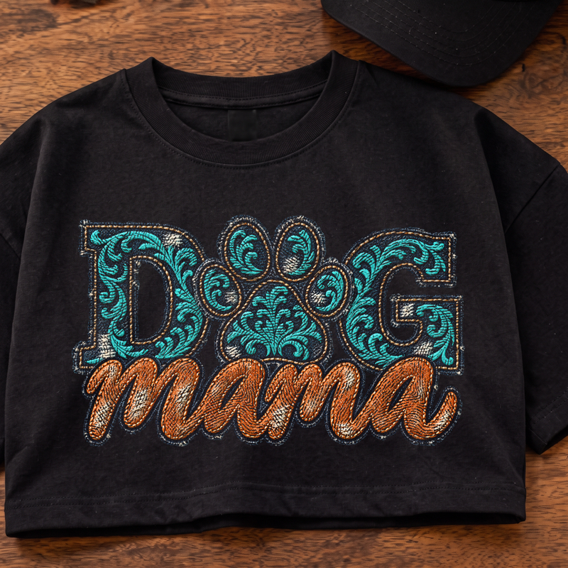 Western Distressed Denim & Turquoise Dog Mama Faux Tooled Leather - DTF Transfer