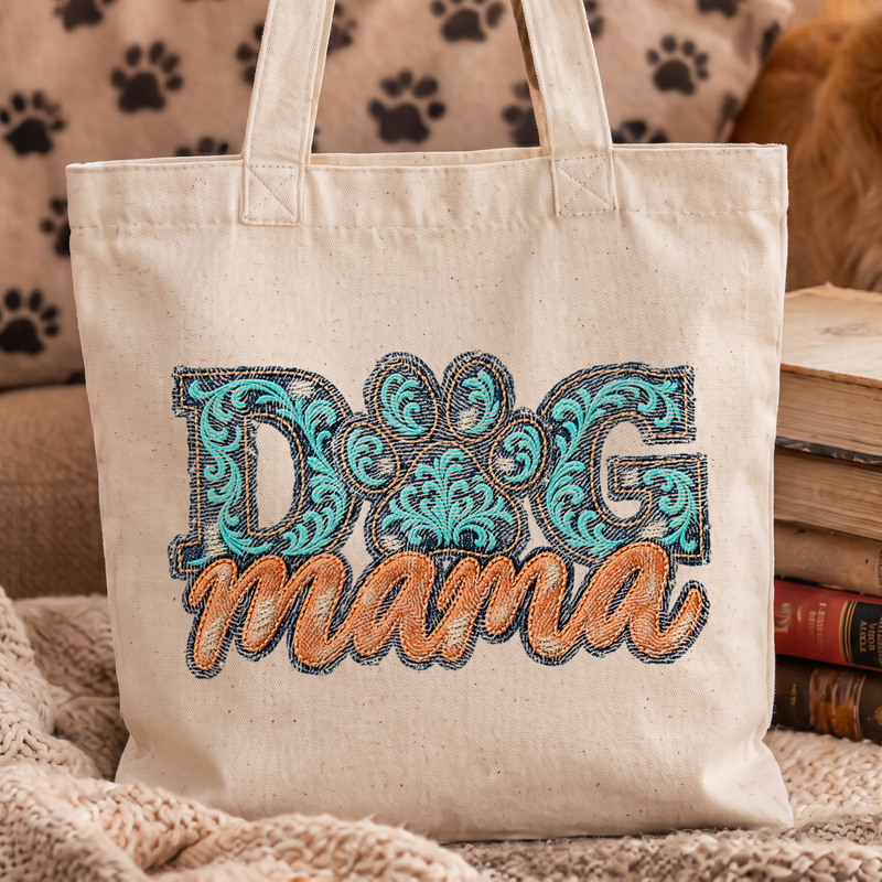 Western Distressed Denim & Turquoise Dog Mama Faux Tooled Leather - DTF Transfer