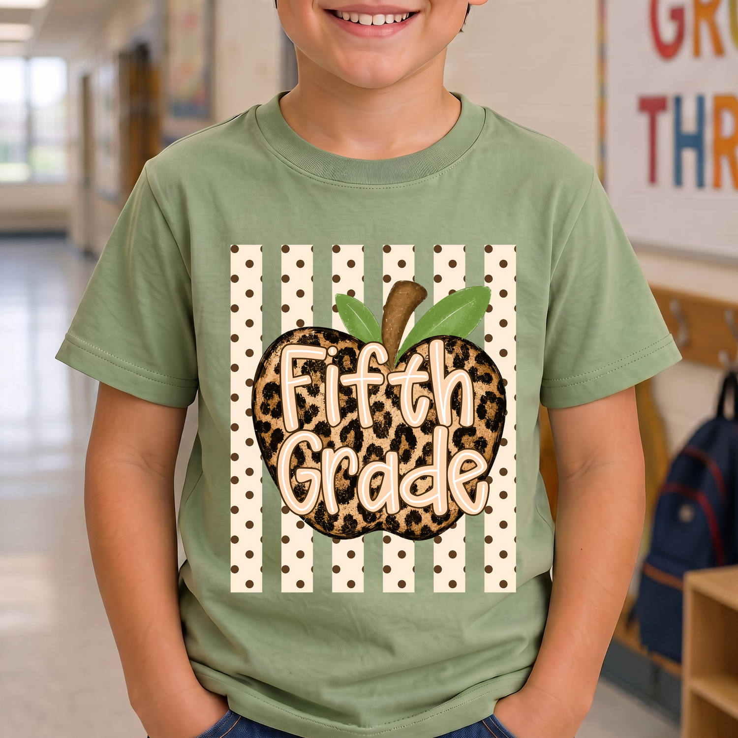 Leopard Apple Fifth Grade Stripes & Polka Dot - DTF Transfer