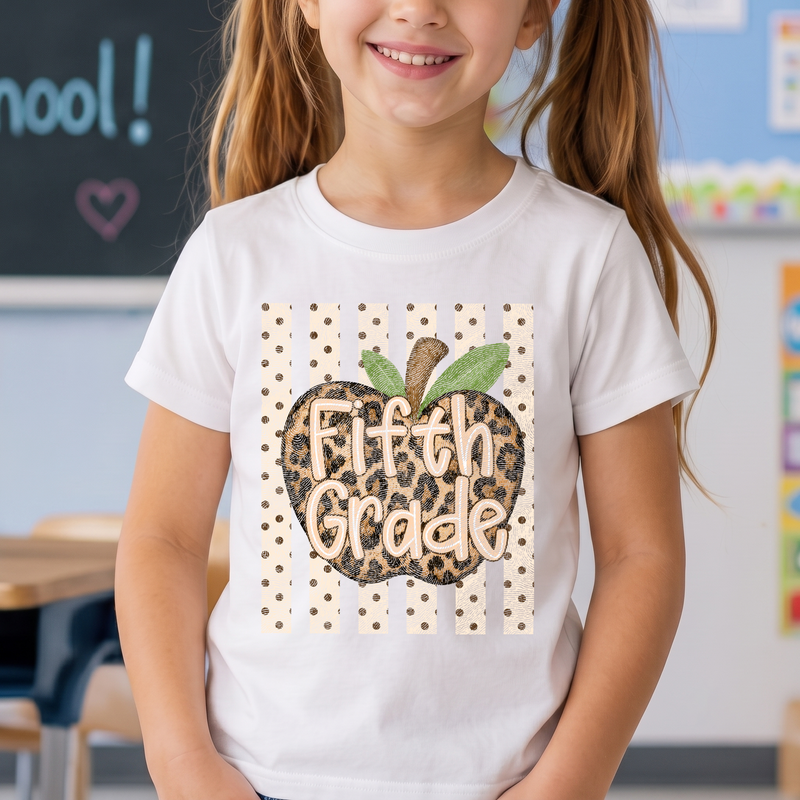 Leopard Apple Fifth Grade Stripes & Polka Dot - DTF Transfer