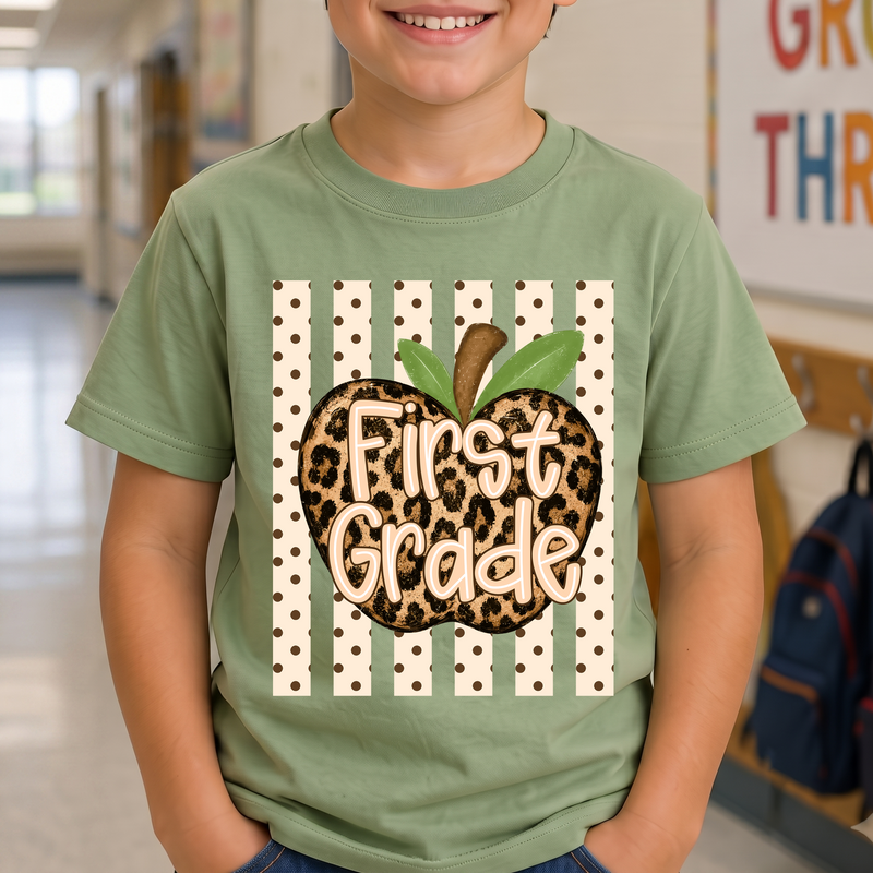 Leopard Apple First Grade" Stripes & Polka Dot - DTF Transfer