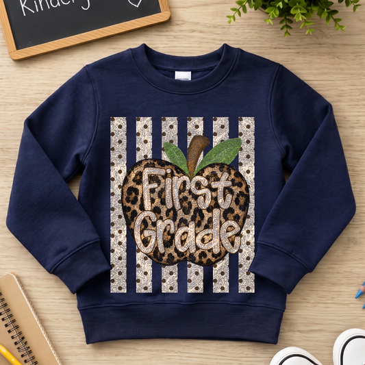 Leopard Apple First Grade" Stripes & Polka Dot - DTF Transfer