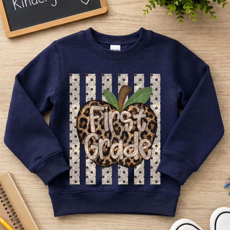 Leopard Apple First Grade" Stripes & Polka Dot - DTF Transfer