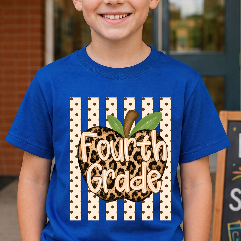 Leopard Apple Fourth Grade Stripes & Polka Dot - DTF Transfer