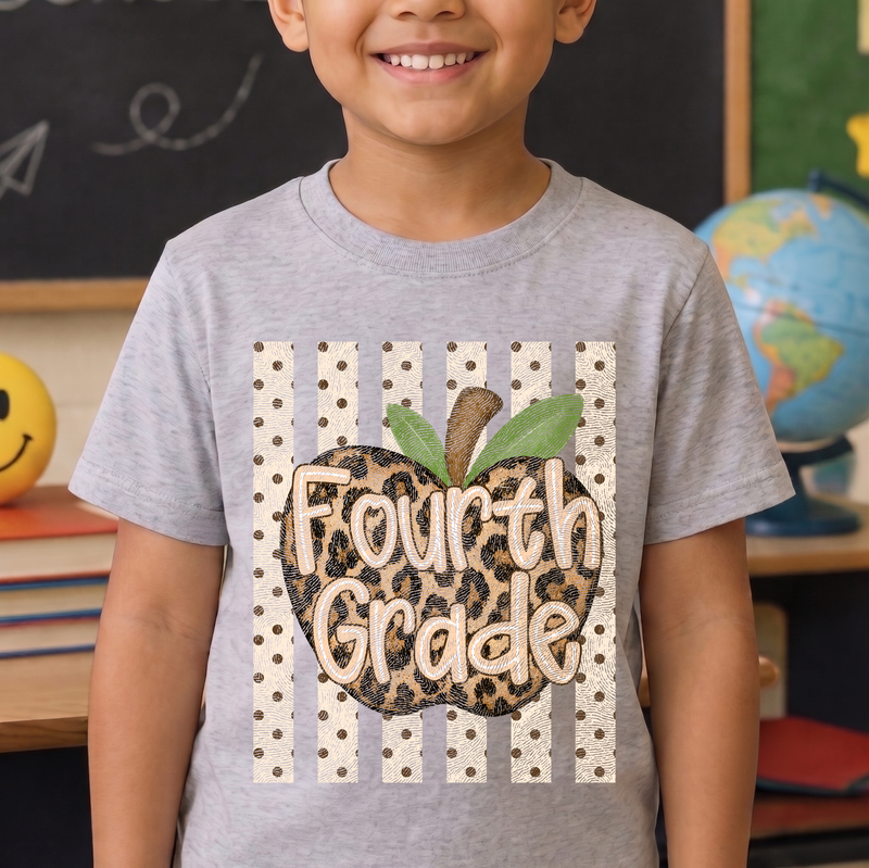 Leopard Apple Fourth Grade Stripes & Polka Dot - DTF Transfer