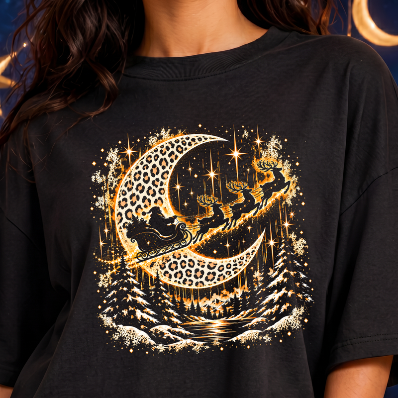 Golden Leopard Moon & Santa Sleigh Celestial Christmas - DTF Transfer