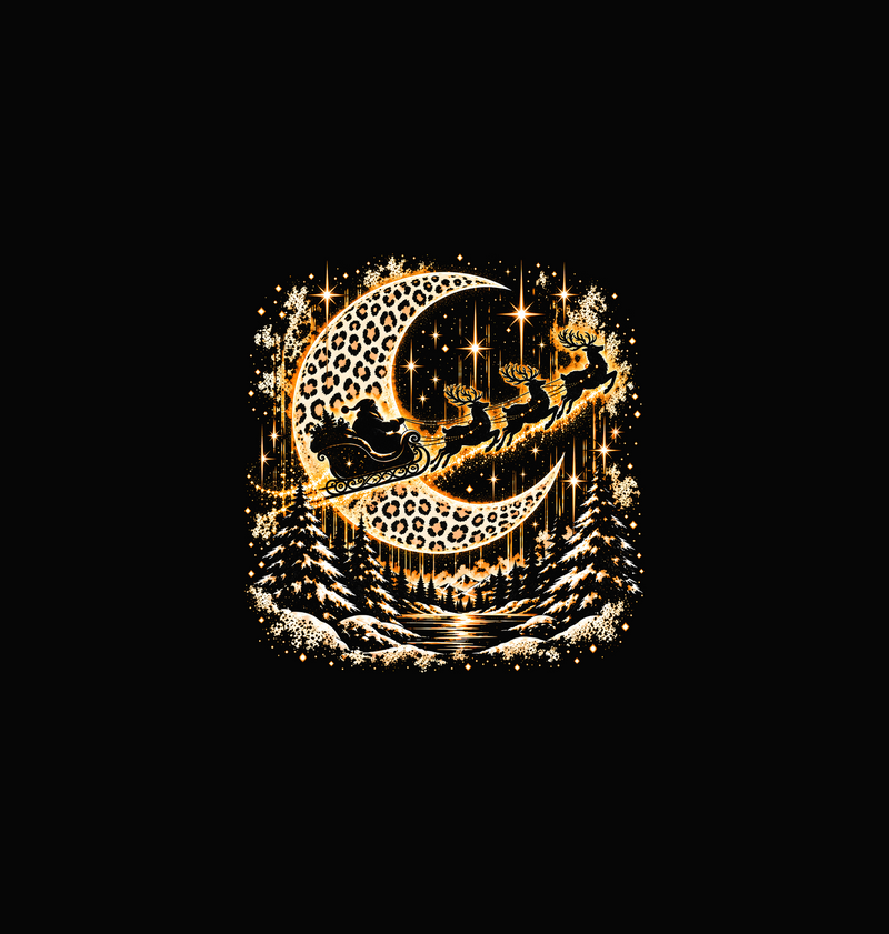 Golden Leopard Moon & Santa Sleigh Celestial Christmas - DTF Transfer