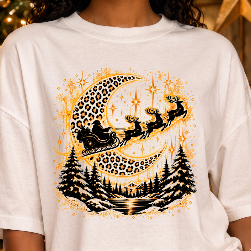 Golden Leopard Moon & Santa Sleigh Celestial Christmas - DTF Transfer
