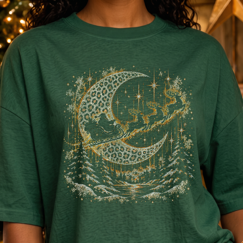 Golden Leopard Moon & Santa Sleigh Celestial Christmas - DTF Transfer