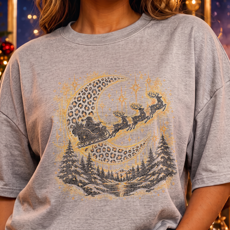 Golden Leopard Moon & Santa Sleigh Celestial Christmas - DTF Transfer