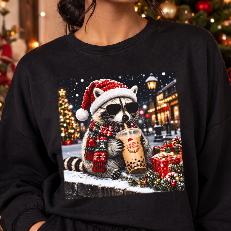 Merry Christmas Cool Raccoon Iced Boba & Santa Hat - DTF Transfer