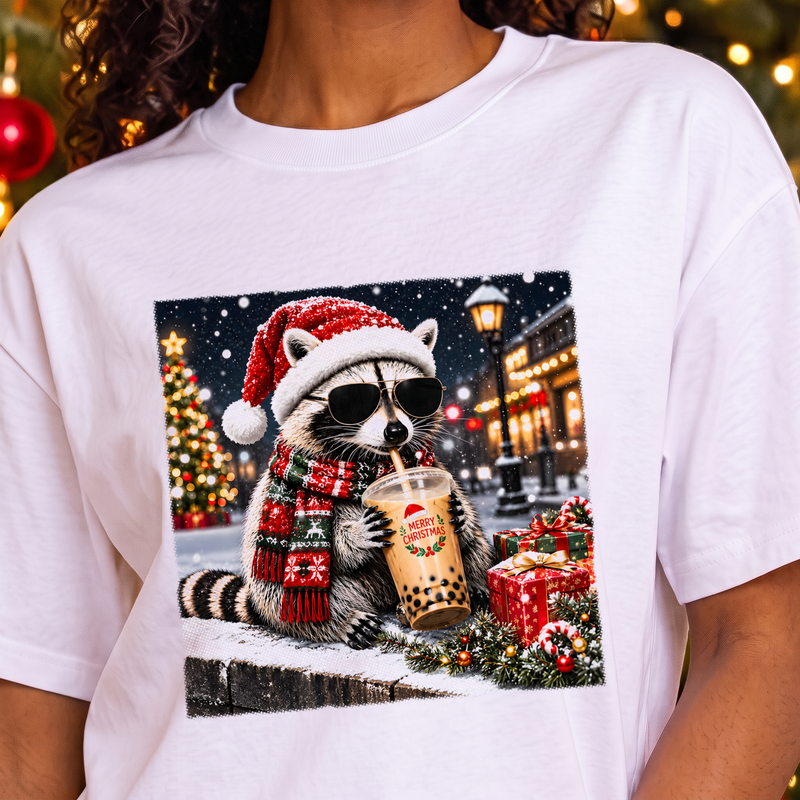 Merry Christmas Cool Raccoon Iced Boba & Santa Hat - DTF Transfer