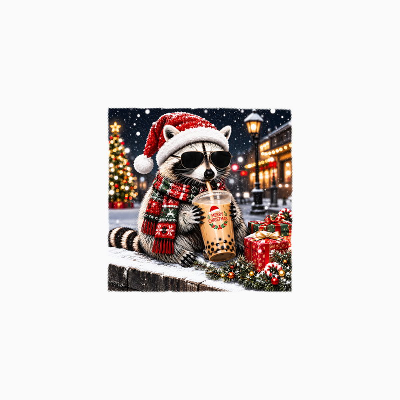 Merry Christmas Cool Raccoon Iced Boba & Santa Hat - DTF Transfer