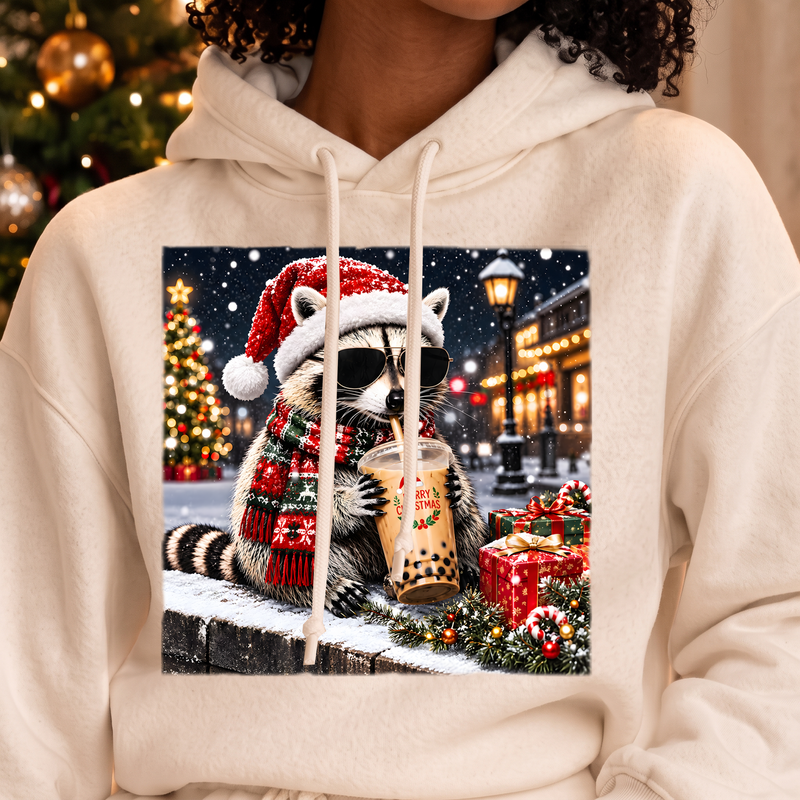 Merry Christmas Cool Raccoon Iced Boba & Santa Hat - DTF Transfer