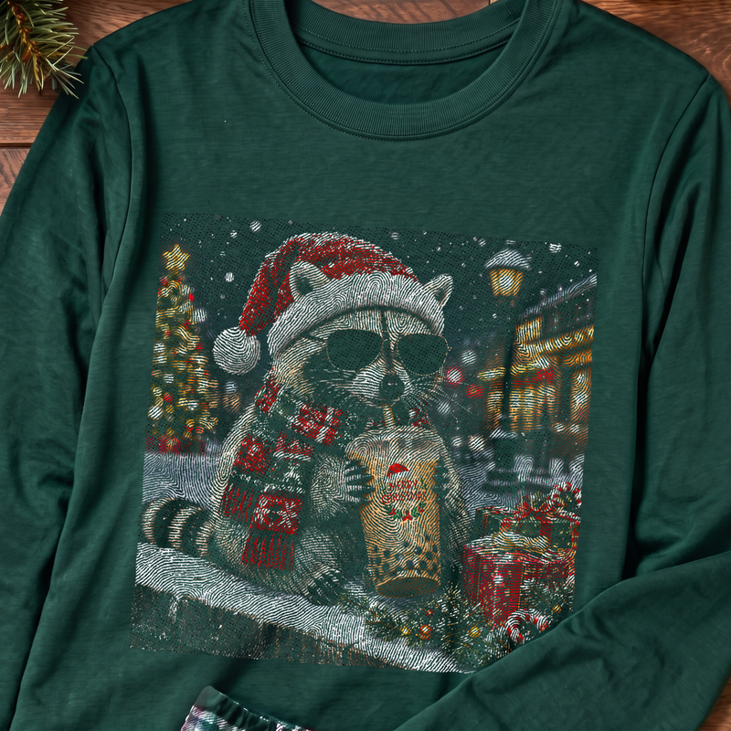 Merry Christmas Cool Raccoon Iced Boba & Santa Hat - DTF Transfer