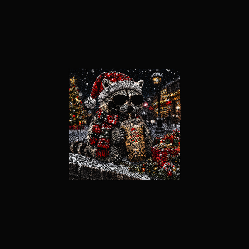 Merry Christmas Cool Raccoon Iced Boba & Santa Hat - DTF Transfer