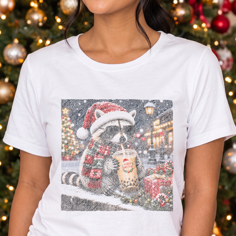 Merry Christmas Cool Raccoon Iced Boba & Santa Hat - DTF Transfer