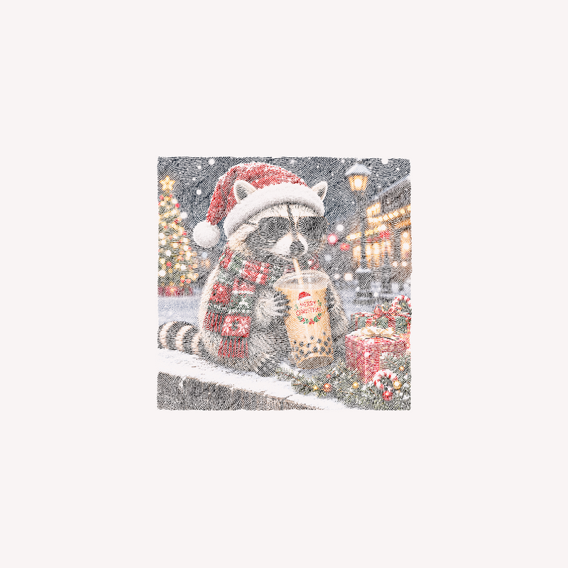 Merry Christmas Cool Raccoon Iced Boba & Santa Hat - DTF Transfer