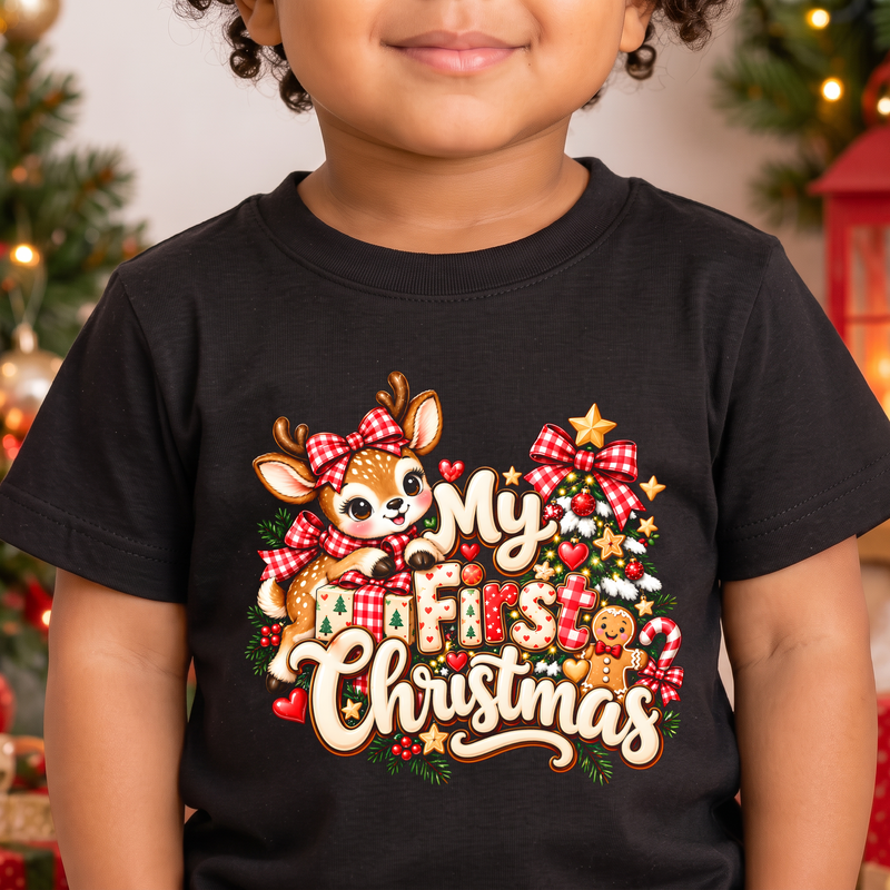 My First Christmas Baby Girl Reindeer Red Buffalo Plaid - DTF Transfer