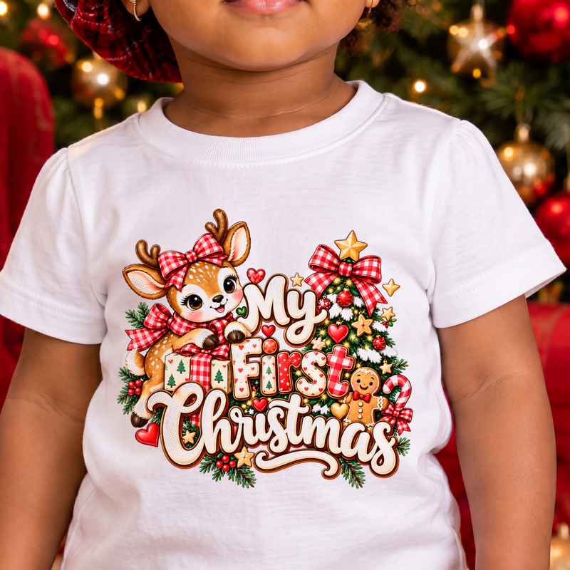 My First Christmas Baby Girl Reindeer Red Buffalo Plaid - DTF Transfer