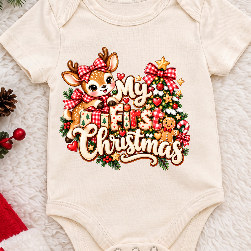 My First Christmas Baby Girl Reindeer Red Buffalo Plaid - DTF Transfer
