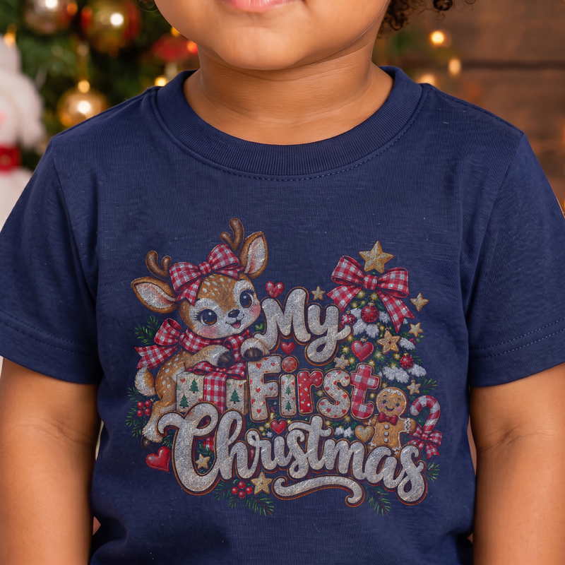 My First Christmas Baby Girl Reindeer Red Buffalo Plaid - DTF Transfer