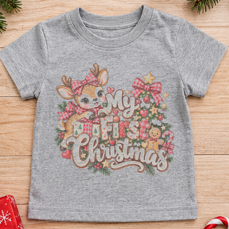 My First Christmas Baby Girl Reindeer Red Buffalo Plaid - DTF Transfer