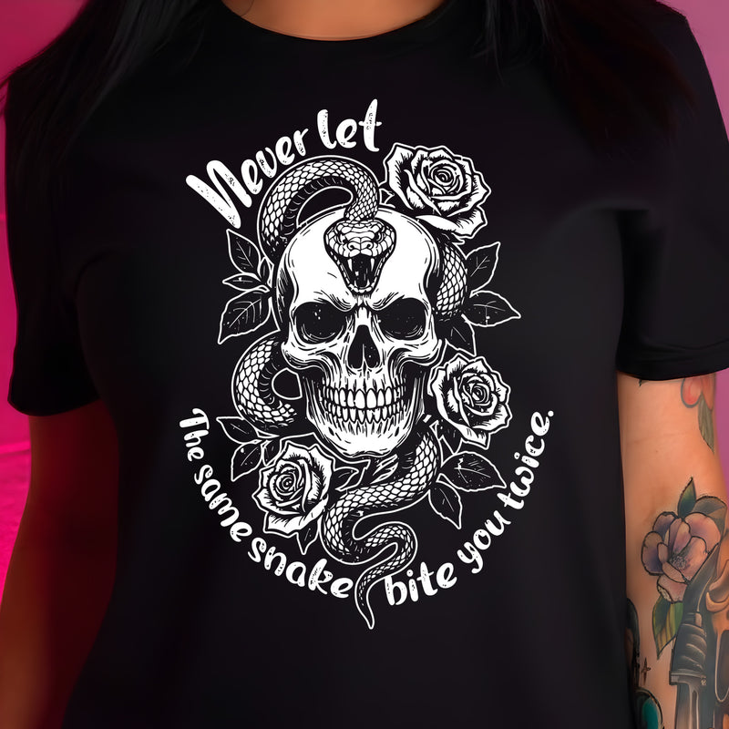 Never Let The Same Snake Bite You Twice: Traditional Tattoo Skull & Serpent - DTF Transfer