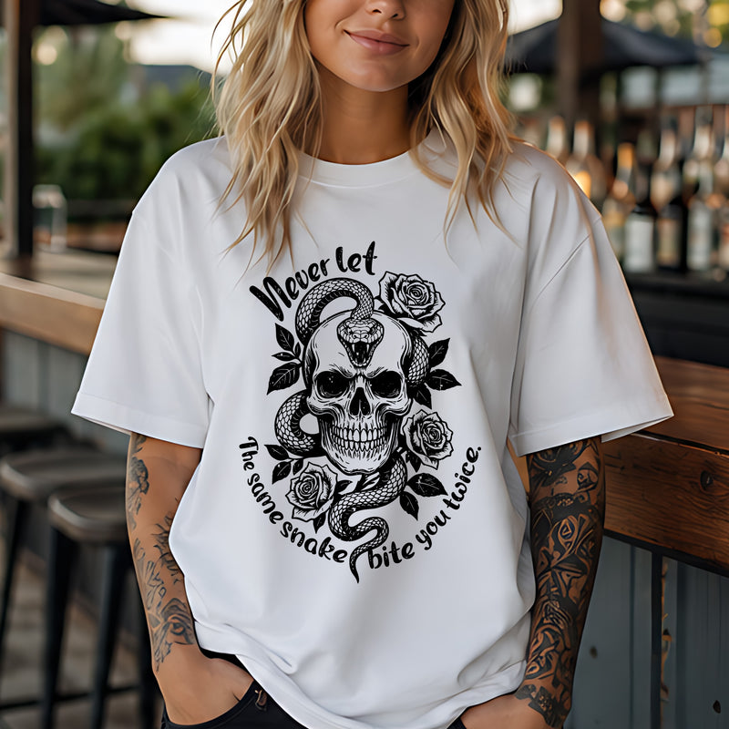 Never Let The Same Snake Bite You Twice: Traditional Tattoo Skull & Serpent - DTF Transfer
