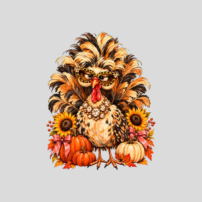Boujee Fluffy Turkey: Leopard Glasses & Autumn Pumpkins - DTF Transfer