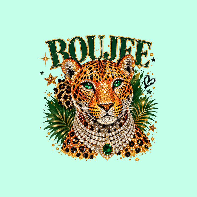 Emerald Boujee Leopard: Beaded Diamond Necklace & Emerald Crown - DTF Transfer