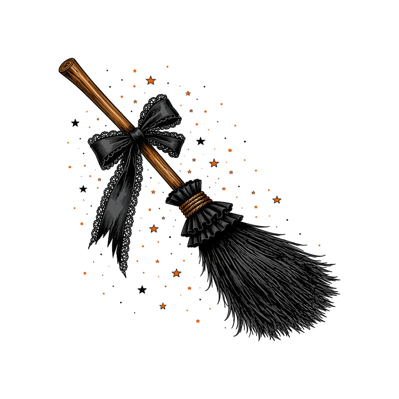 Witchy Broomstick with Black Lace Bow: Celestial Coquette - DTF Transfer