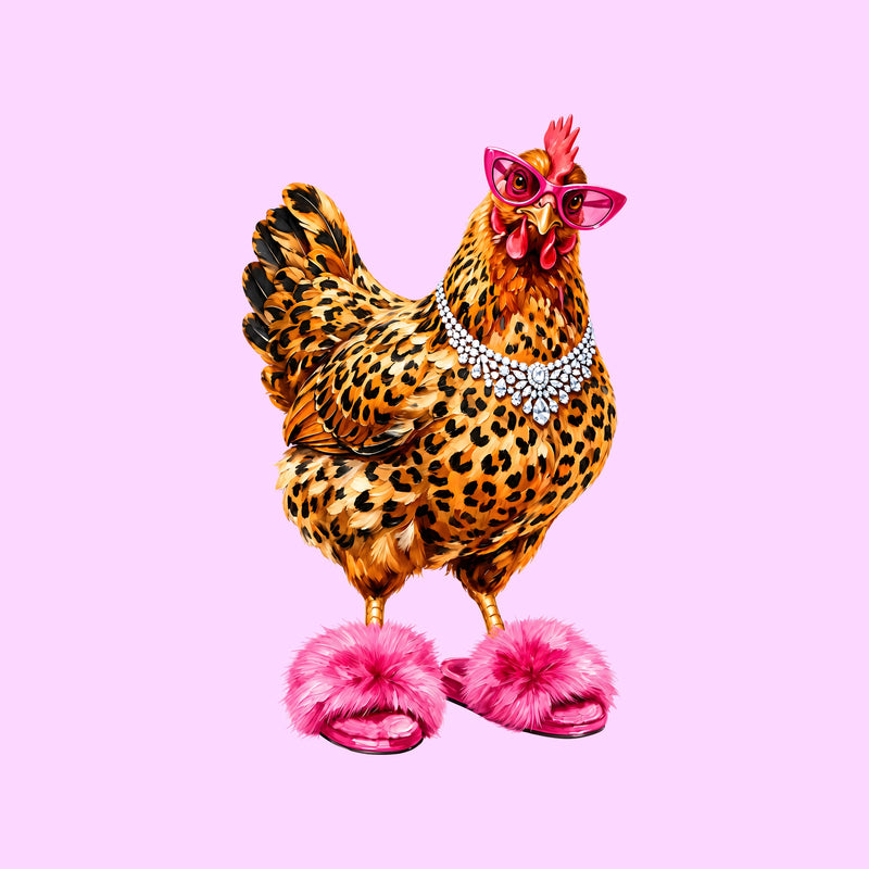 Glam Chicken in Pink Fluffy Slippers - DTF Transfer