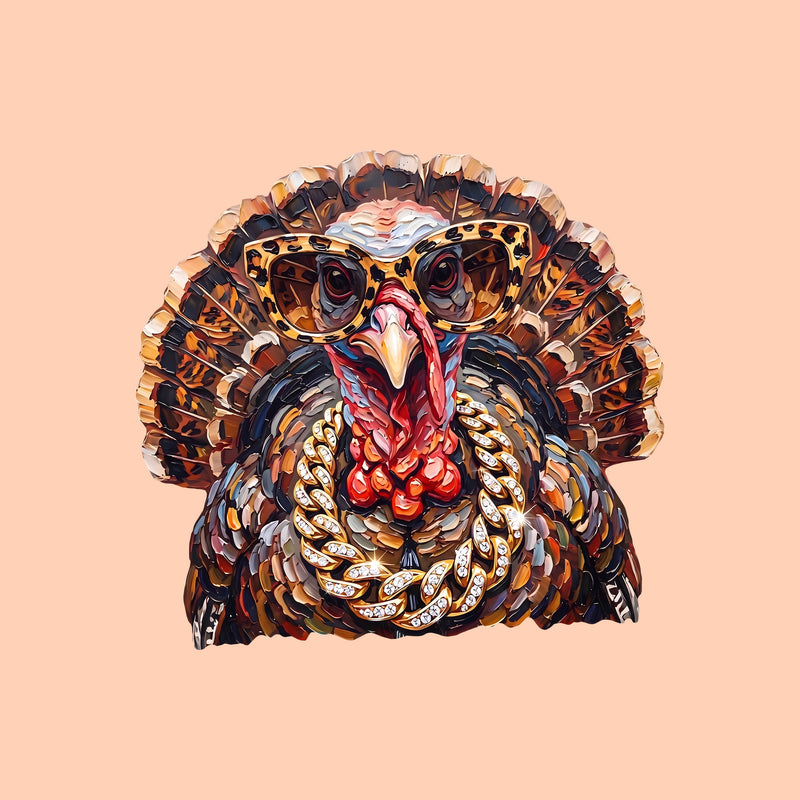 Faux Painted Fancy Turkey: Gold Chains & Leopard Glasses DTF Transfer
