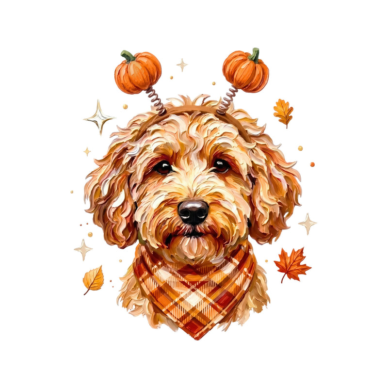 Autumn Goldendoodle Dog & Pumpkin Headband - DTF Transfer