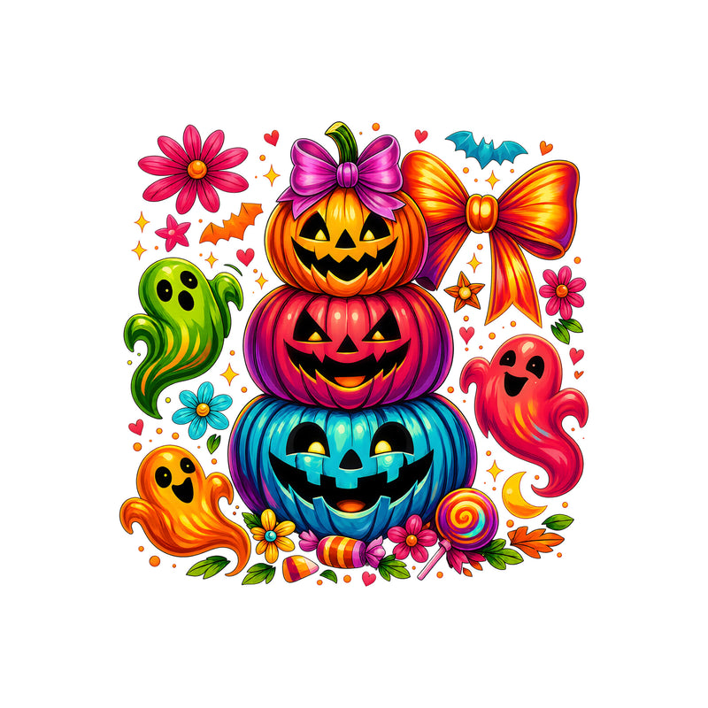 Stacked Bright Pumpkins & Friendly Ghosts Halloween - DTF Transfer