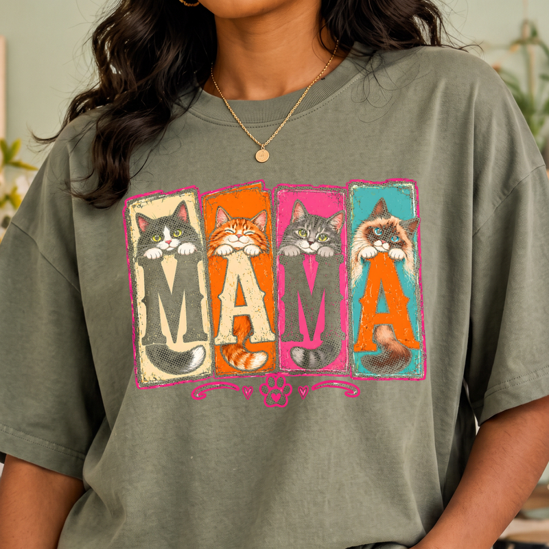 Paneled Cat Mama Colorful Distressed Kittens - DTF Transfer