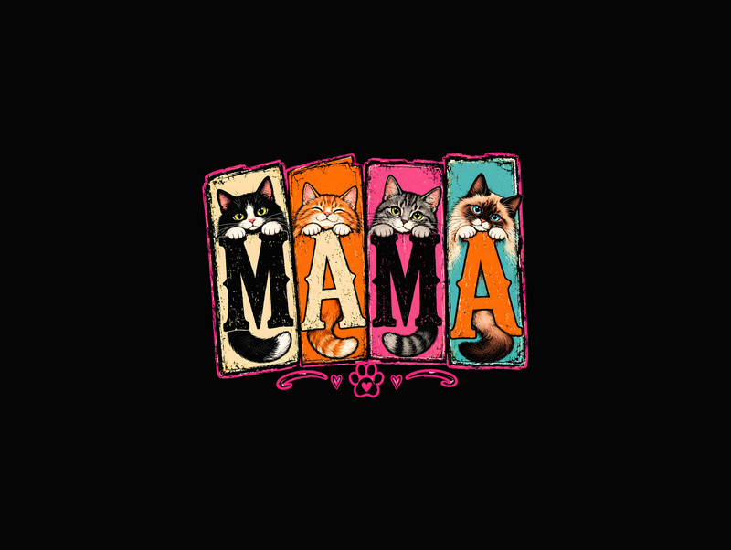 Paneled Cat Mama Colorful Distressed Kittens - DTF Transfer