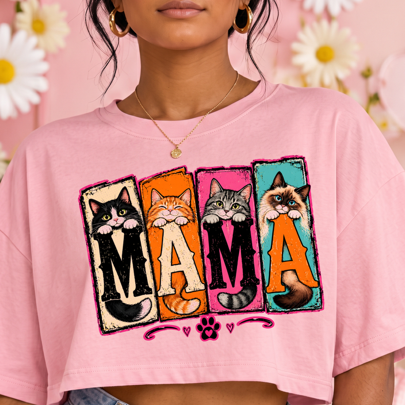 Paneled Cat Mama Colorful Distressed Kittens - DTF Transfer